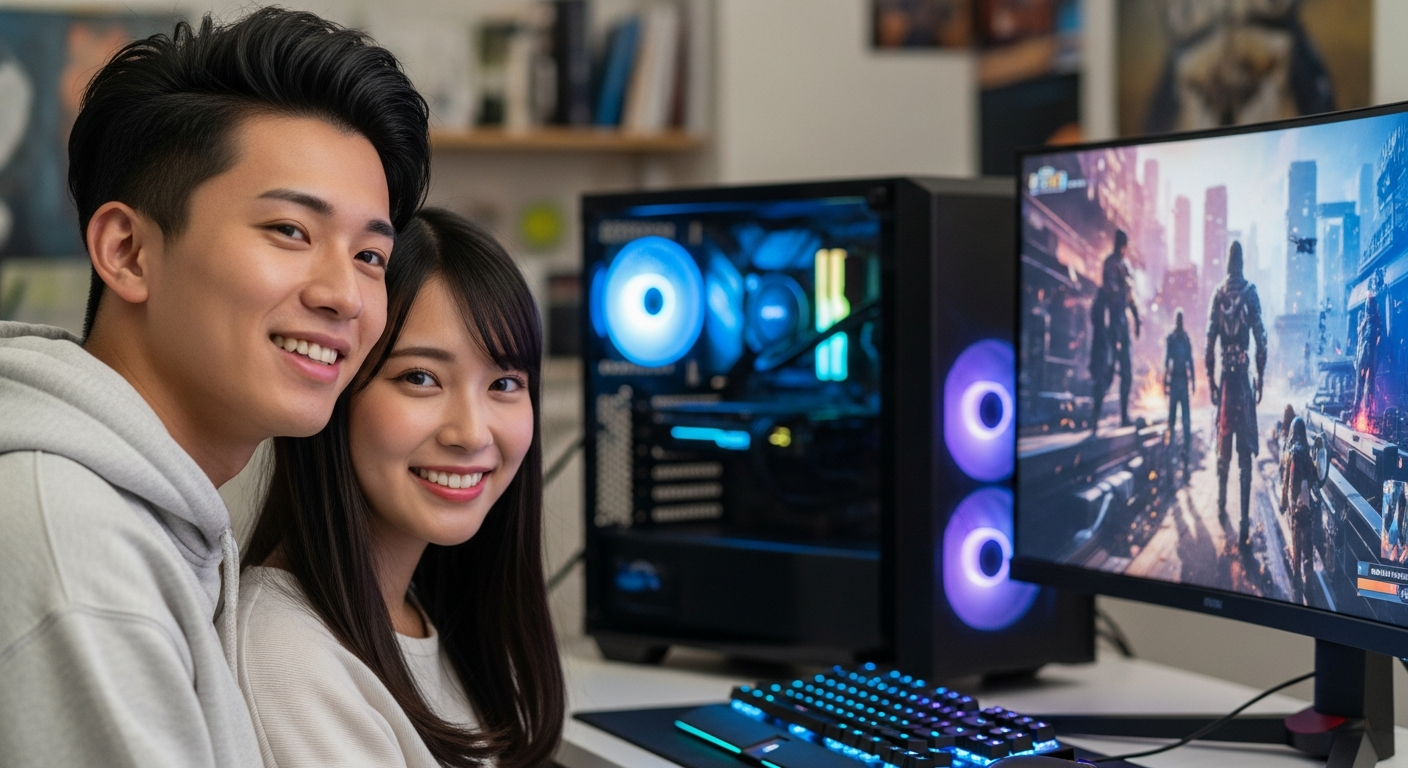 大学生もOK！マウスコンピューター分割払い完全ガイドのアイキャッチ画像。笑顔の大学生カップルとゲーミングPCが写っている。