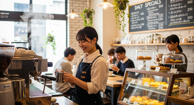 カフェでアルバイトをしている大学生の様子