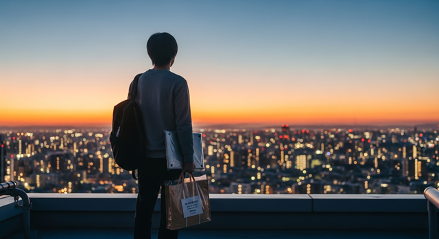夕暮れの街を見下ろす大学生の後ろ姿。新しいPCが入ったバッグを持ち、未来への希望を感じさせる様子。