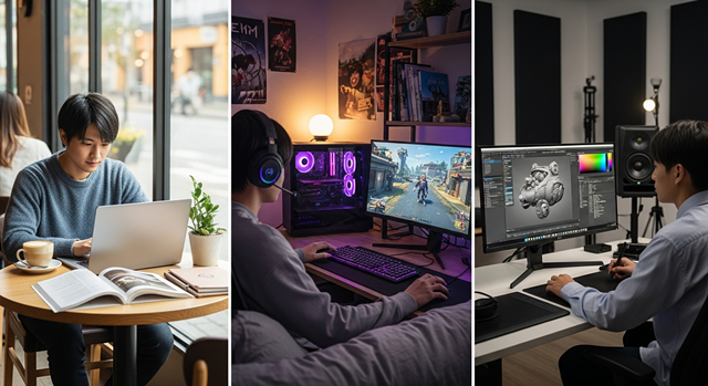 大学生におすすめのPCモデル3選の利用シーン。左：カフェでノートPC、中：自室でゲーミングPC、右：スタジオでクリエイターPCを使っている様子。