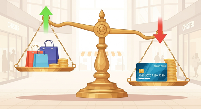 天秤でショッピングローン（金利0円）とクレカ分割（手数料あり）を比較し、ショッピングローンの方が約3万円お得であることを示すイラスト